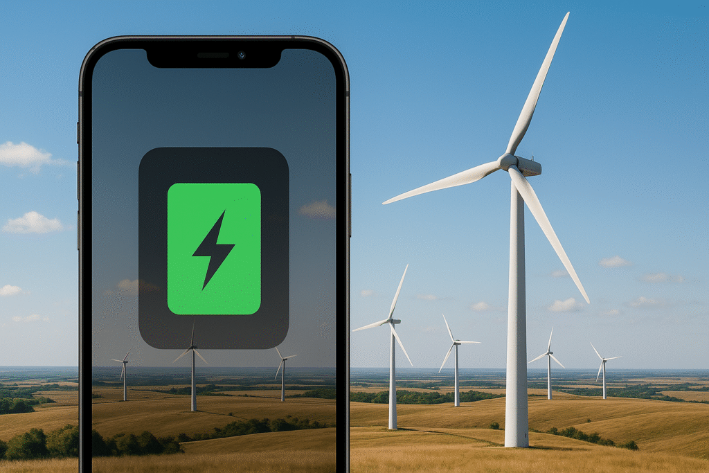 Smartphone and wind turbines in countryside.